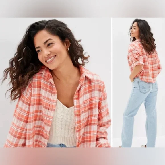 NWT American Eagle Cropped Plaid Flannel Button Down Shirt - Picture 3 of 12